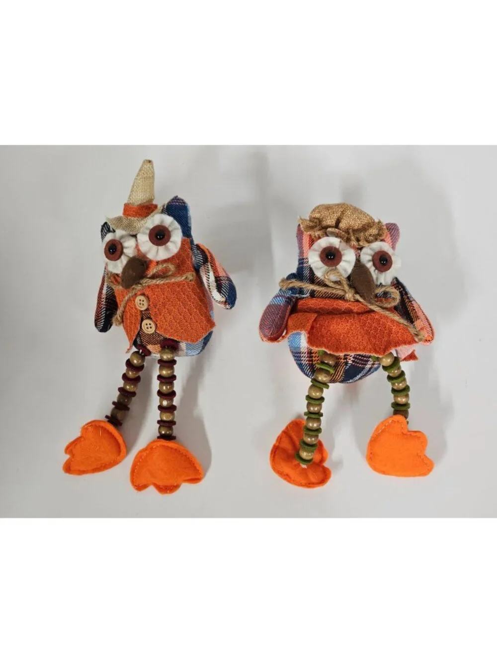 Fall Plaid Owl Shelf Sitters Set of 2 Harvest Autumn Decor with Beaded Legs